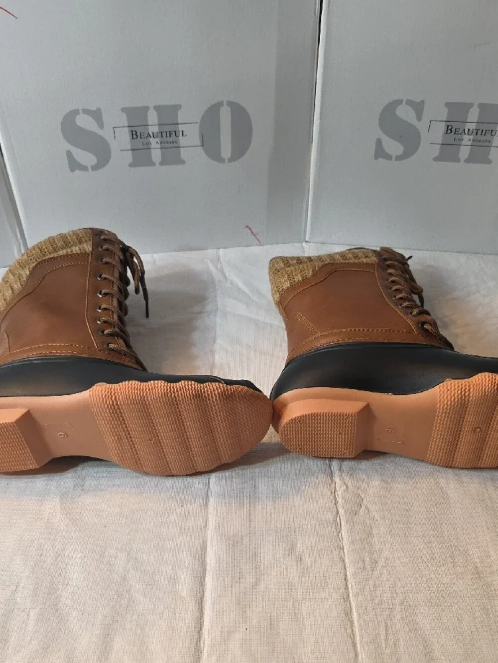 Women's Cognac and Black Insulated Lace-Up Winter/Rain Duck Boots